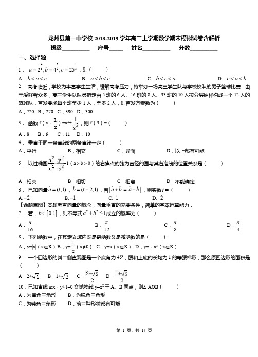 龙州县第一中学校2018-2019学年高二上学期数学期末模拟试卷含解析