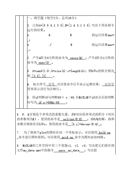 MATLAB期末考试试卷及答案