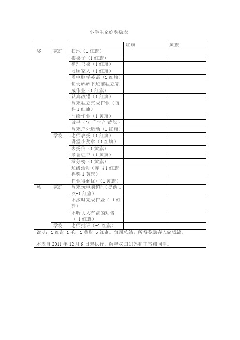 小学生家庭奖励表