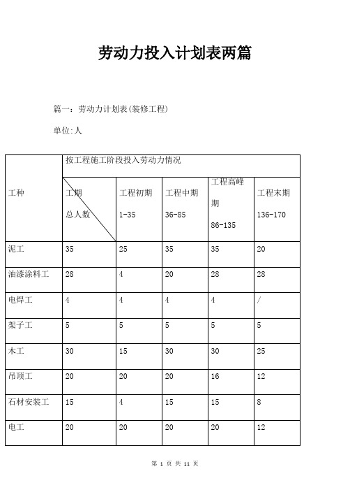 劳动力投入计划表两篇