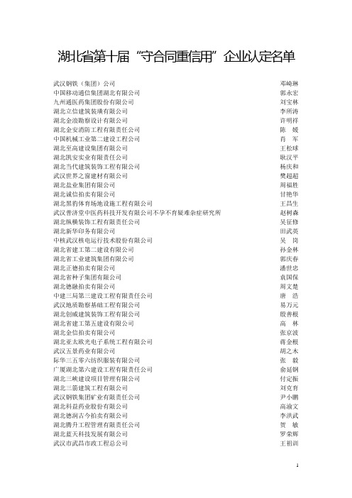 湖北省第十届“守合同重信用”企业认定名单