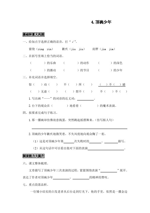 最新语文A版小学语文五年级下册《顶碗少年》精品习题