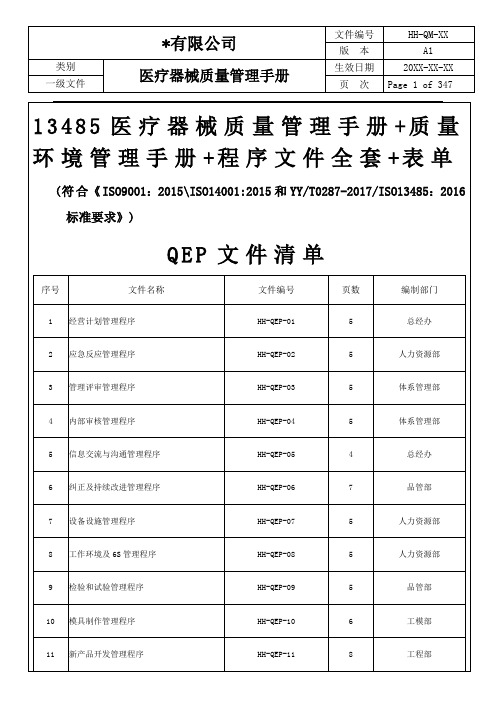 质量环境13485管理手册+全套程序文件+表单 OK