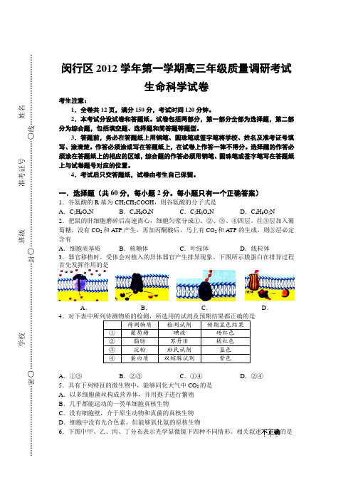 上海市闵行区高三一模生物试题