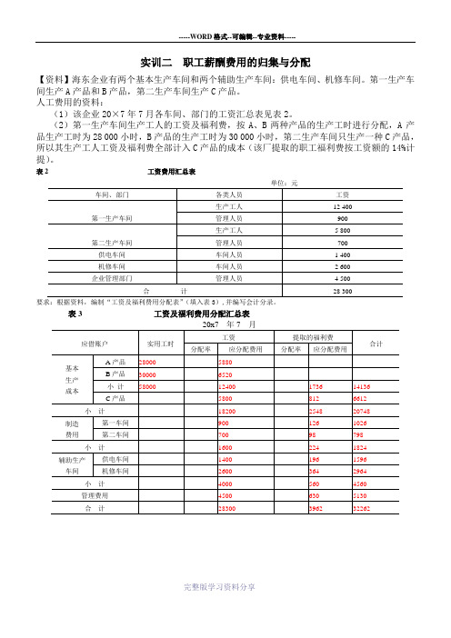 实训二--职工薪酬费用的归集与分配