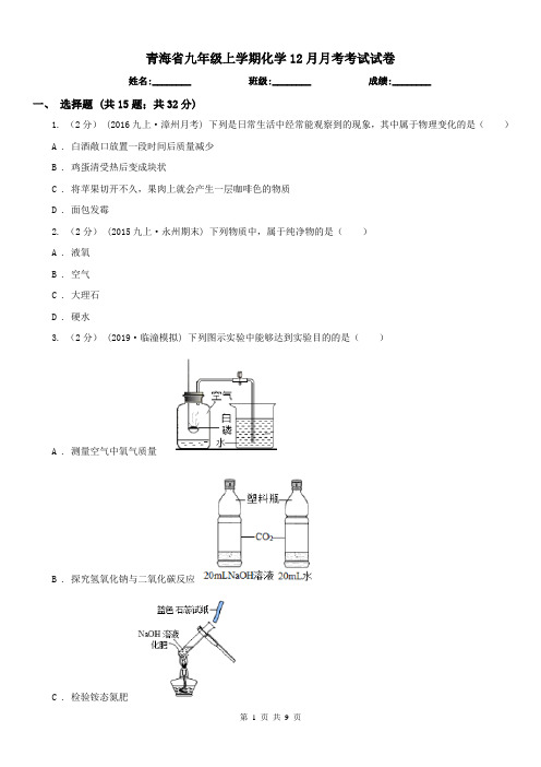 青海省九年级上学期化学12月月考考试试卷