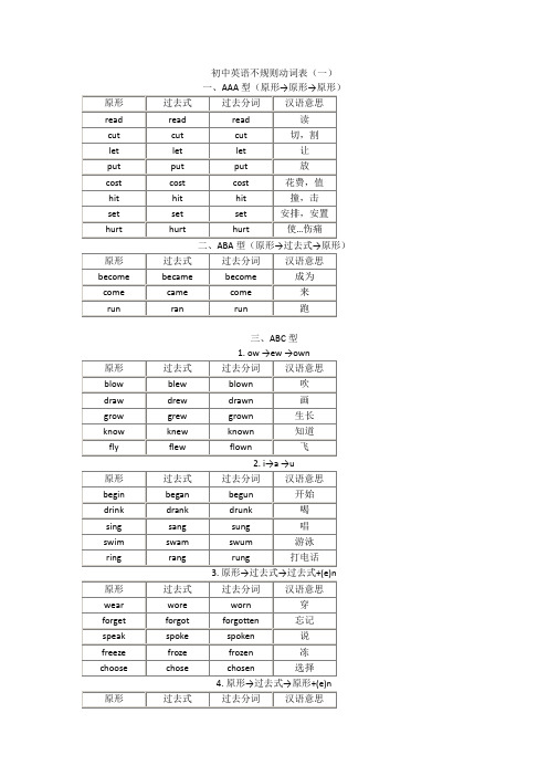 初中英语不规则动词表