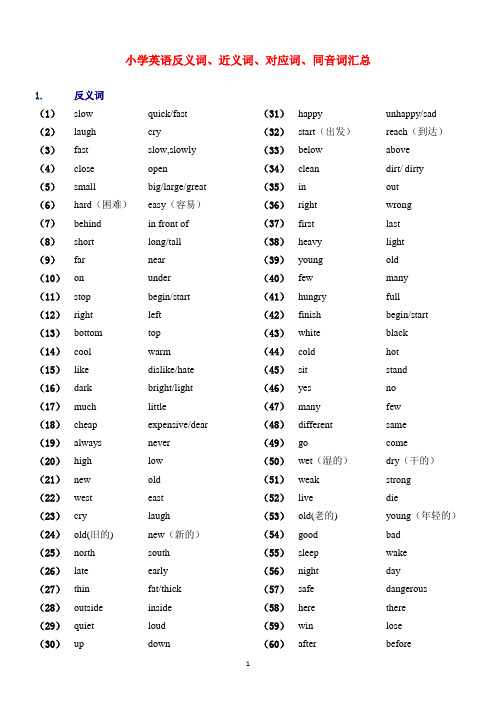 小学英语反义词、近义词、对应词、同音词大全