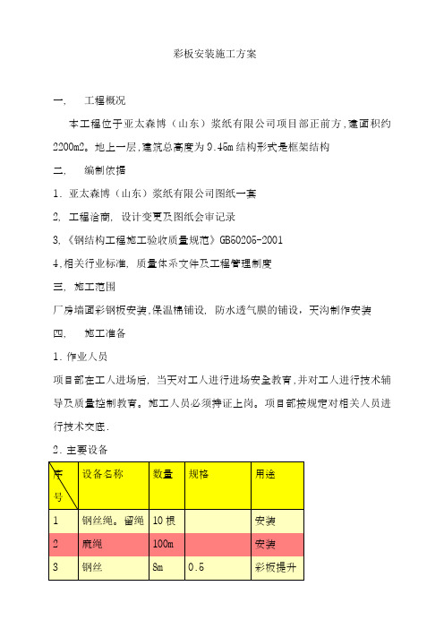 钢结构屋面彩板安装施工方案