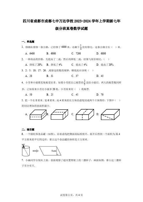 四川省成都市成都七中万达学校2023-2024学年上学期新七年级分班真卷数学试题