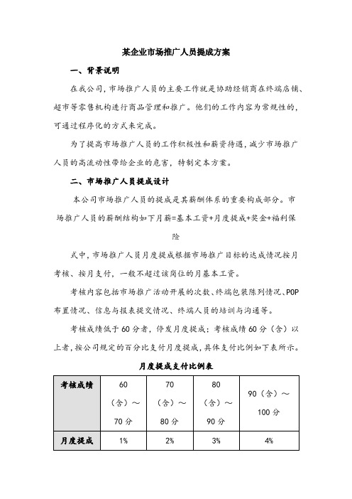 某企业市场推广人员提成方案