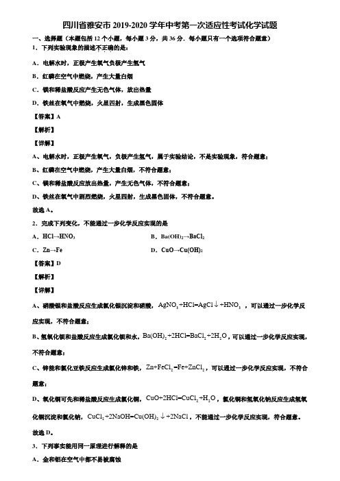 四川省雅安市2019-2020学年中考第一次适应性考试化学试题含解析