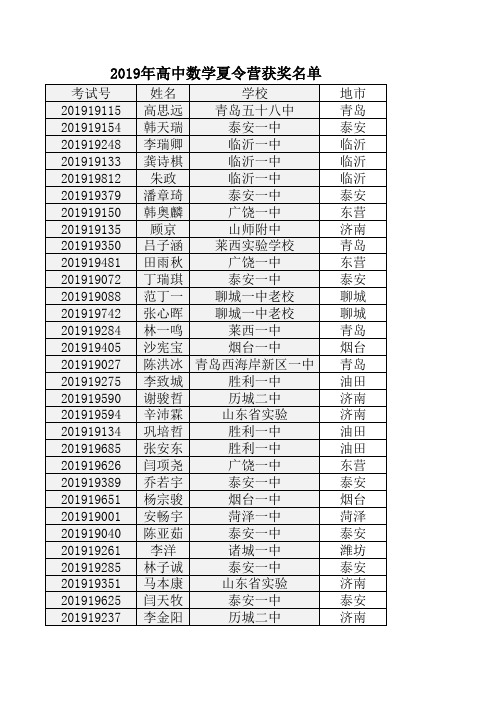 2019年高中数学夏令营获奖名单