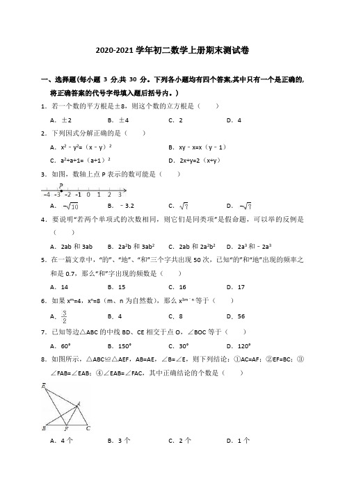 2020-2021学年华师大版初二数学上册期末测试卷 (含答案)