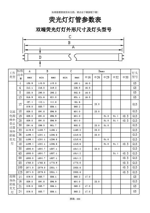 荧光灯灯管参数表