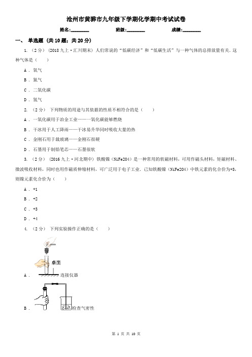 沧州市黄骅市九年级下学期化学期中考试试卷