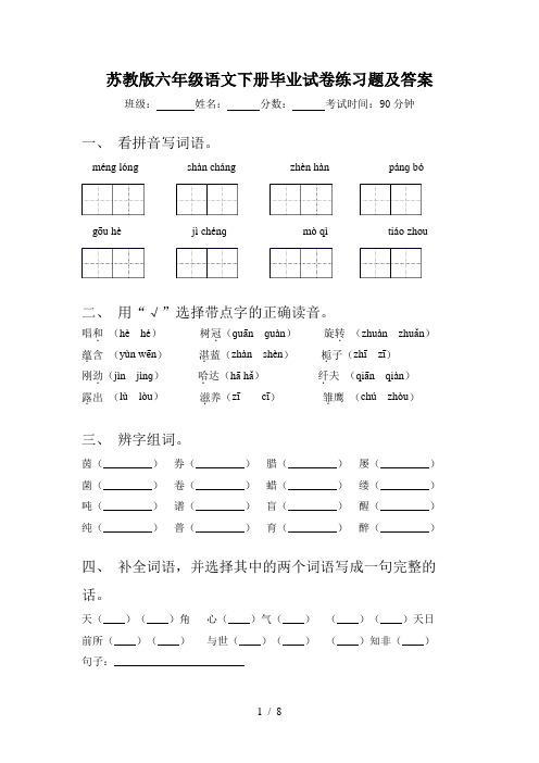 苏教版六年级语文下册毕业试卷练习题及答案