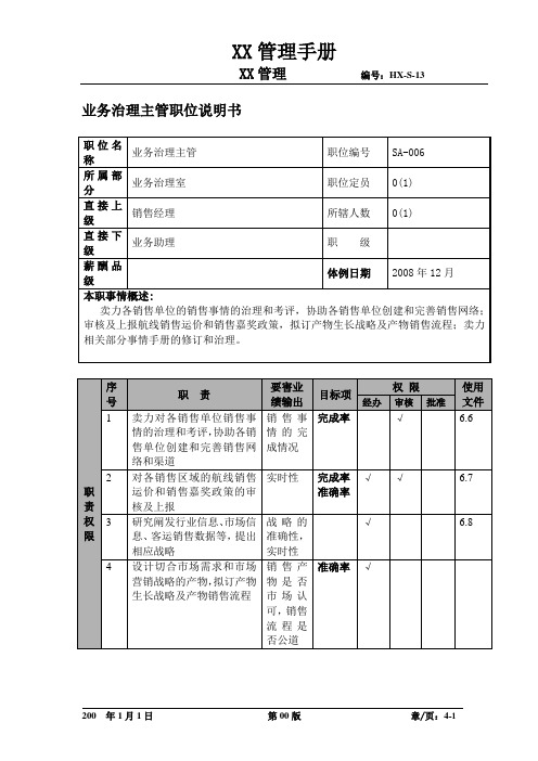 某航空物流公司业务管理主管职位说明书及关键绩效标准