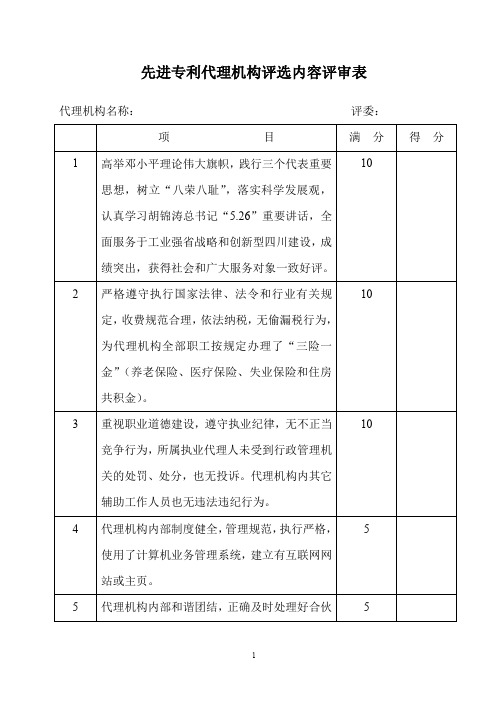 先进专利代理机构评选内容评审表.