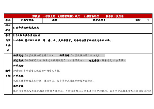 2024年秋苏教版一年级科学上册2.3《感官总动员》表格式(教案)