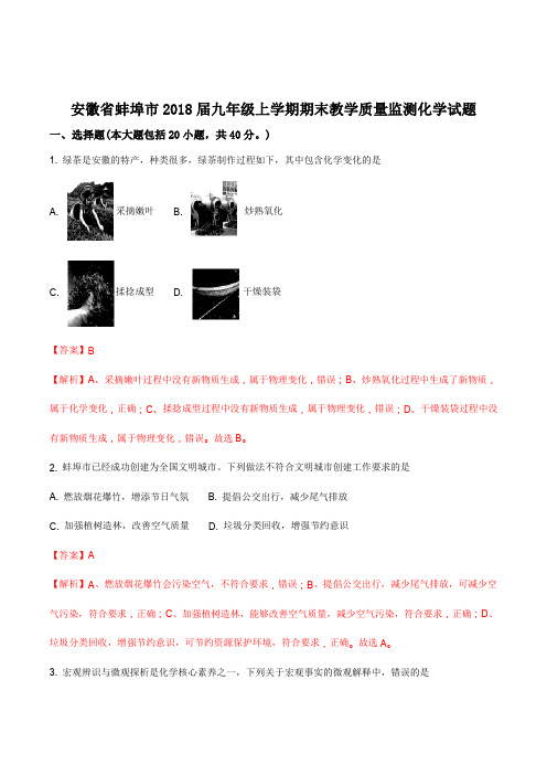 安徽省蚌埠市2018届上学期期末教学质量监测九年级化学试题(解析版)