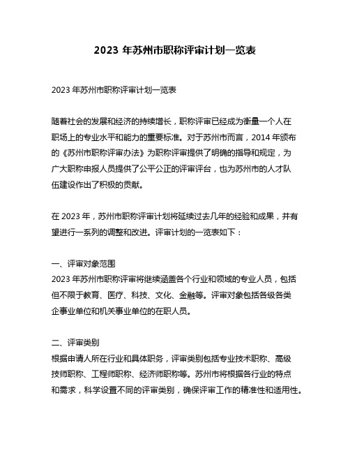 2023 年苏州市职称评审计划一览表