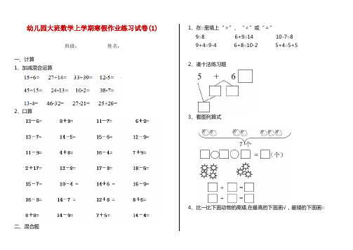 幼儿园大班数学上学期寒假作业练习试卷(1)