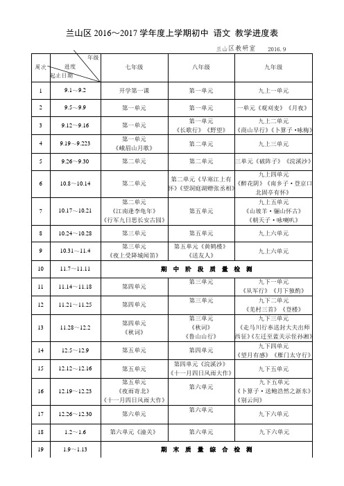 兰山区2016~2017学年度上学期初中 语文 教学进度表 .doc