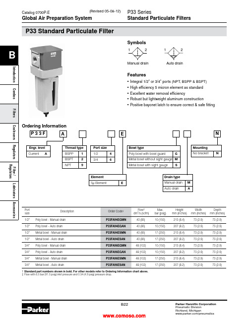 Parker Hannifin P33 Series标准粒子过滤器说明书