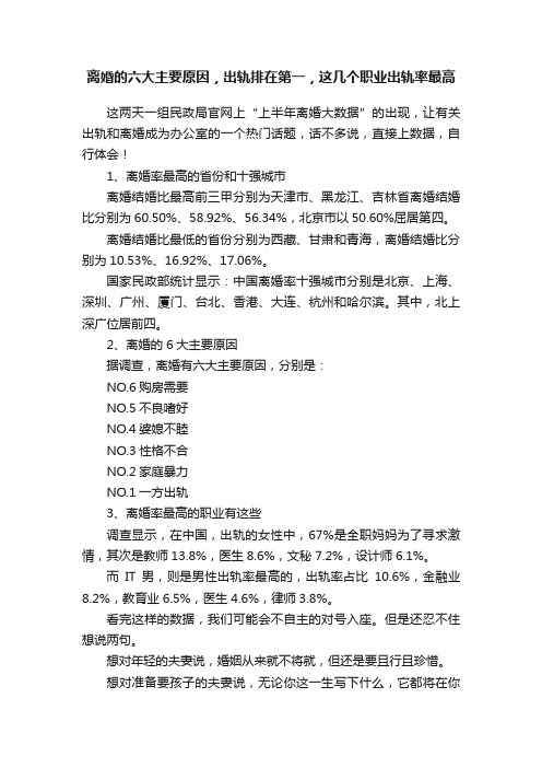 离婚的六大主要原因，出轨排在第一，这几个职业出轨率最高