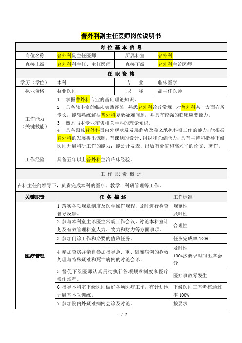 普外科副主任医师岗位说明书