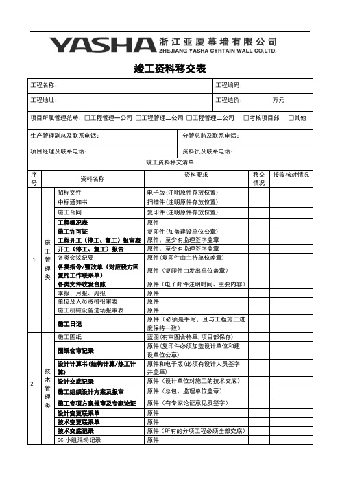 竣工资料移交表