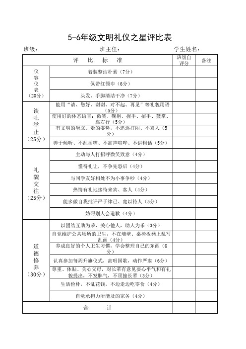 金鸡小学文明礼仪之星评比表