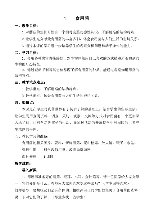 【精品】六年级上册科学教案:4.食用菌 青岛版(六年制)