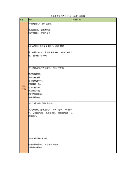 六年级必背古诗文(99-130篇)自测表(1)