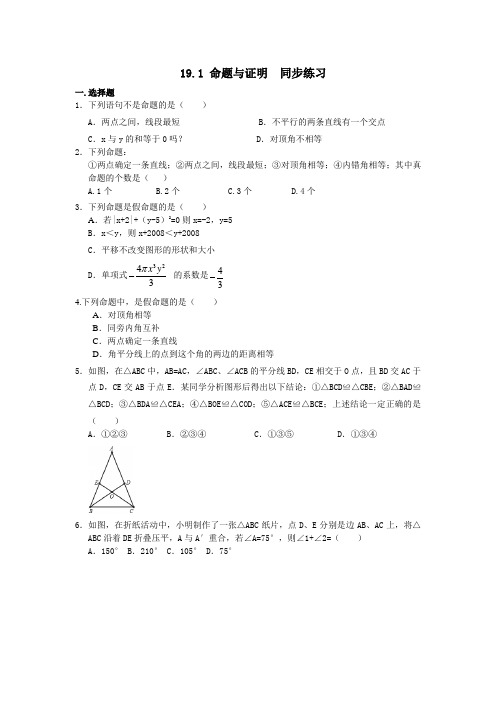 19.1 命题与证明-沪教版(上海)八年级数学上册同步练