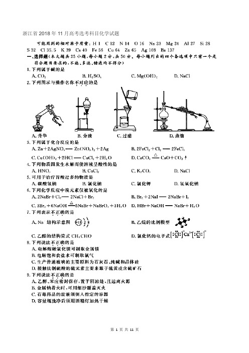 浙江省2018年11月高考选考科目化学试题及参考答案