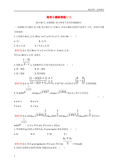 「精品」高考数学二轮复习小题标准练二文新人教A版