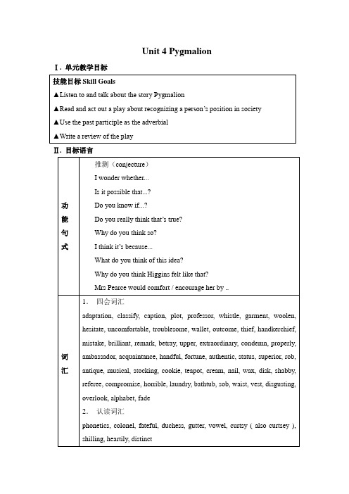 人教版高中英语选修8 Unit 4 Pygmalion 全单元教案