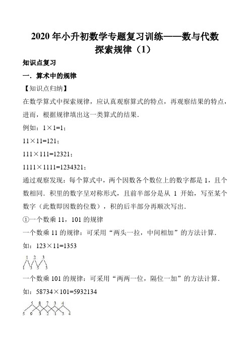 2020年小升初数学专题复习训练—数与代数：探索规律(1)(知识点总结+同步测试)