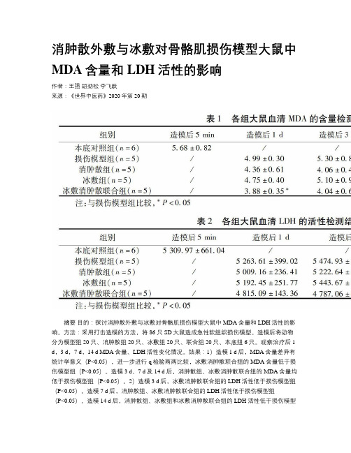 消肿散外敷与冰敷对骨骼肌损伤模型大鼠中MDA含量和LDH活性的影响