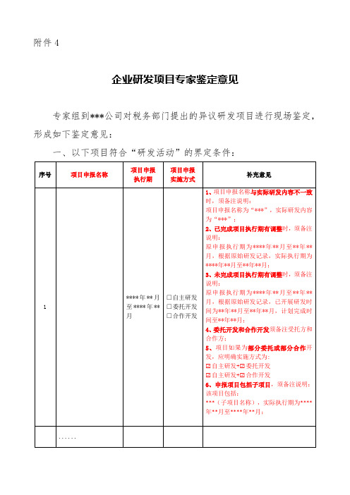 企业研发项目专家鉴定意见(税务要求)