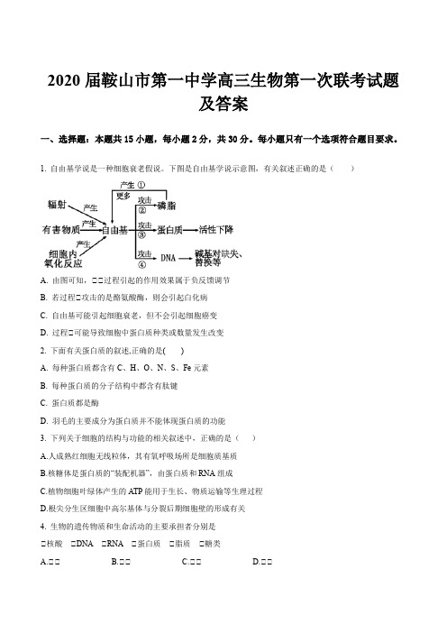 2020届鞍山市第一中学高三生物第一次联考试题及答案