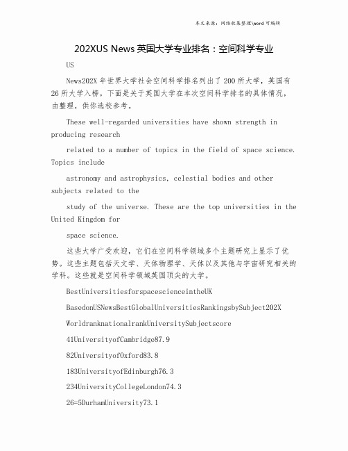 202XUS News英国大学专业排名：空间科学专业.doc