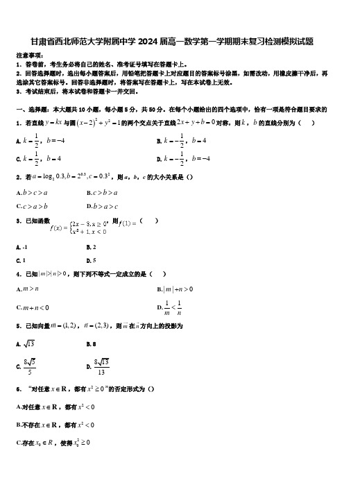 甘肃省西北师范大学附属中学2024届高一数学第一学期期末复习检测模拟试题含解析