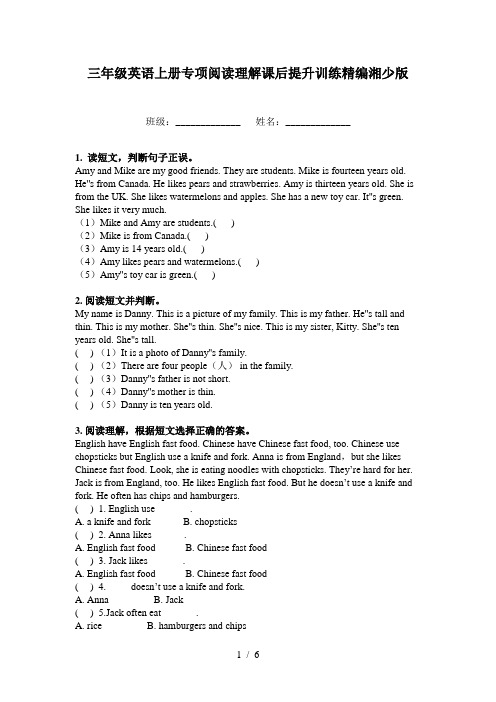 三年级英语上册专项阅读理解课后提升训练精编湘少版