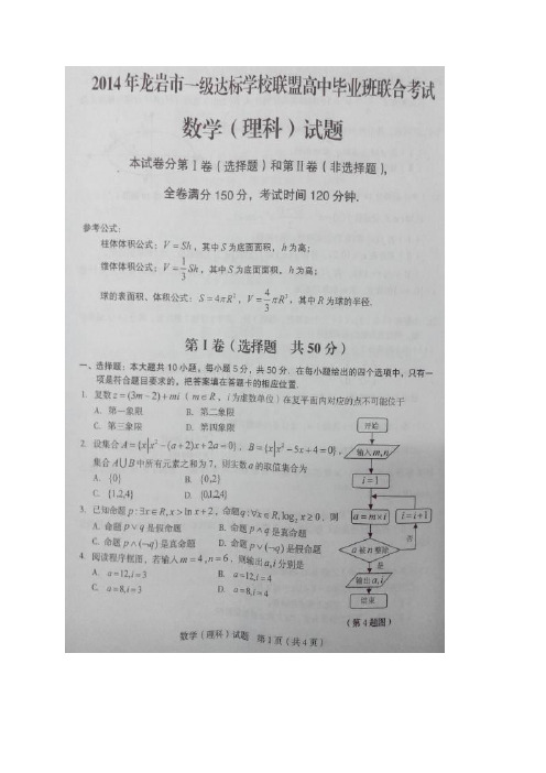 【2014龙岩市5月质检】福建省龙岩市一级达标学校联盟2014届高三毕业班5月联合考试理科数学试题 图片含答案