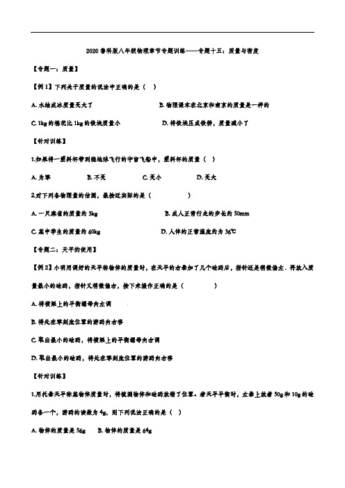 2020鲁科版八年级物理章节专题训练——专题十五：质量与密度