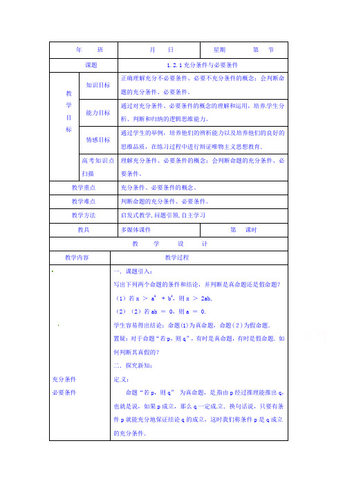 内蒙古开鲁县蒙古族中学高中数学选修2-1教案：1.2.1 充分条件与必要条件