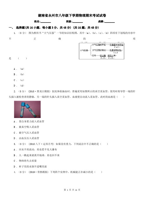 湖南省永州市八年级下学期物理期末考试试卷